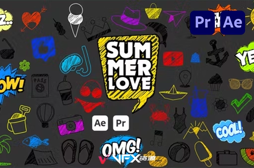 AE/PR模板-夏季卡通手绘线条涂鸦图标动画展示 Summer Scribble IconsAE模板、PR模板、模板