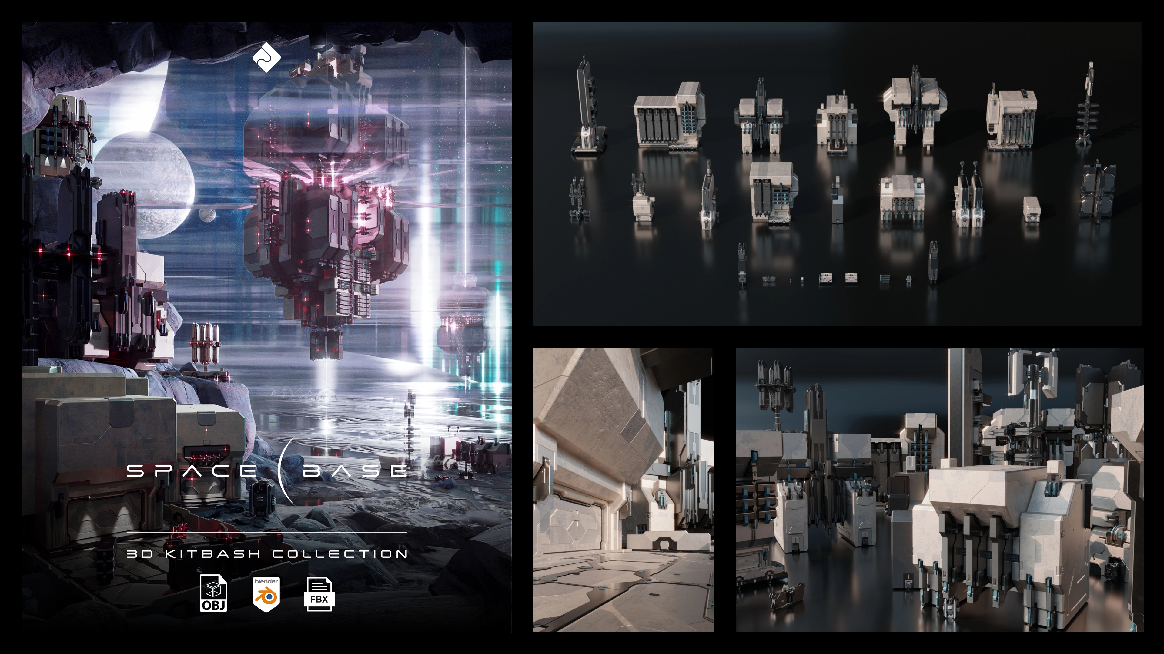 3D模型-25种星际科幻风格建筑模型 Space Base – 3D Kitbash Pack (Blender/FBX/OBJ格式)3D模型、素材