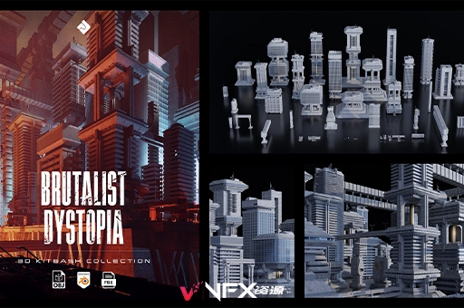 3D模型-野兽派风格城市建筑结构和模块环境资产 Brutalist Dystopia – Urban Buildings, Structures & Modular Environment Assets 3D Kitbash Pack (Blender/FBX格式)3D模型、素材