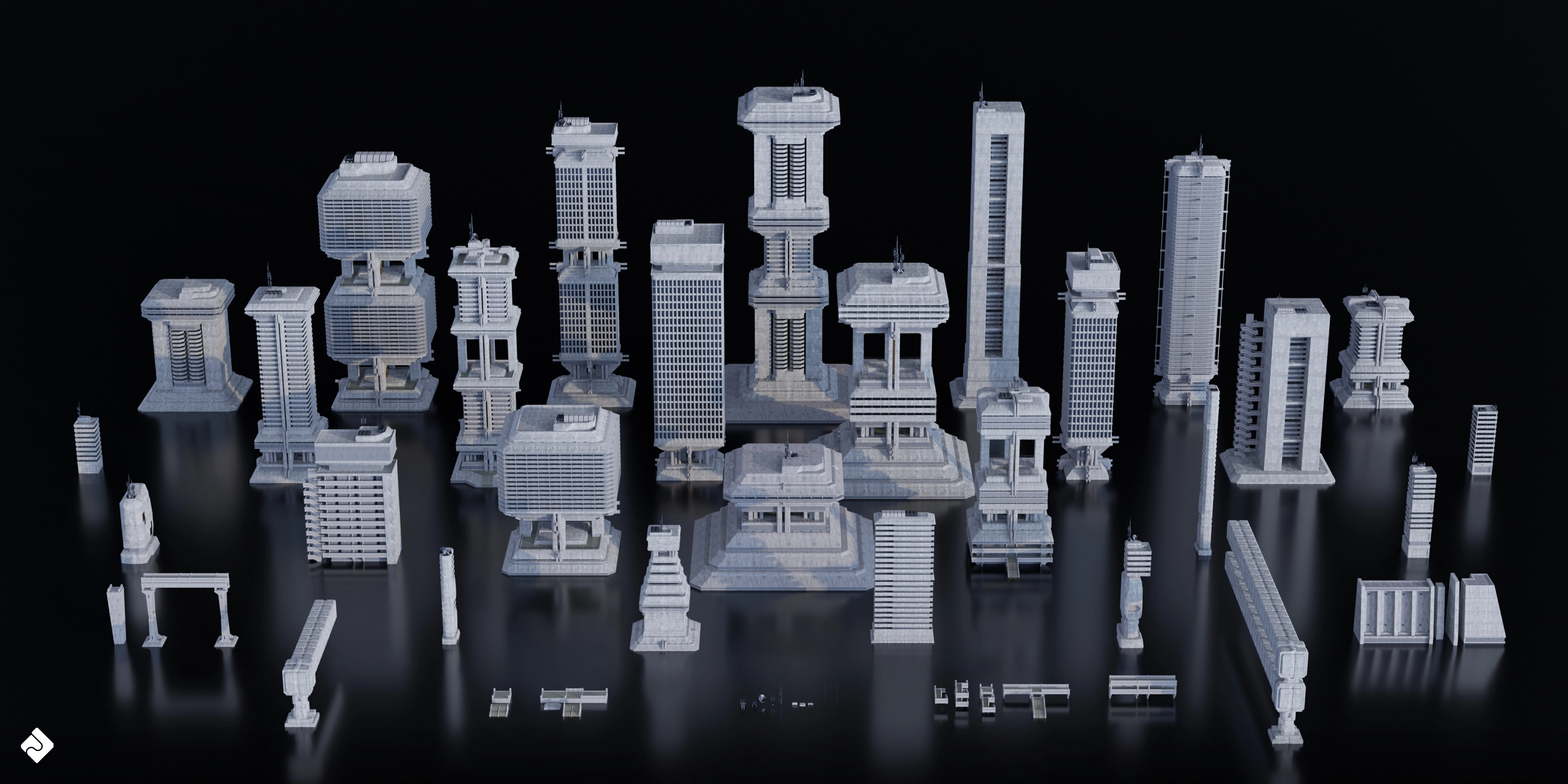 3D模型-野兽派风格城市建筑结构和模块环境资产 Brutalist Dystopia – Urban Buildings, Structures & Modular Environment Assets 3D Kitbash Pack (Blender/FBX格式)3D模型、素材