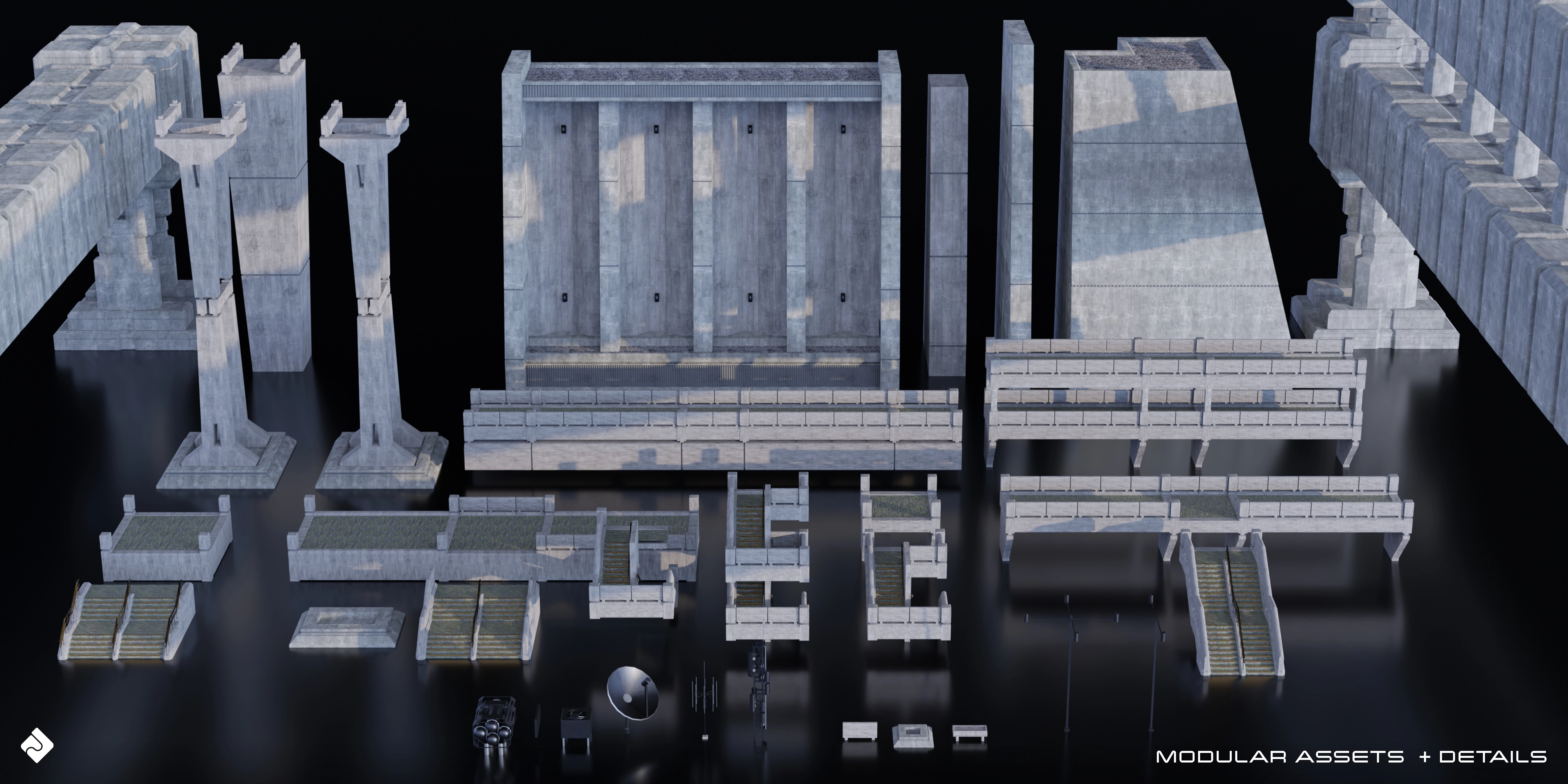 3D模型-野兽派风格城市建筑结构和模块环境资产 Brutalist Dystopia – Urban Buildings, Structures & Modular Environment Assets 3D Kitbash Pack (Blender/FBX格式)3D模型、素材