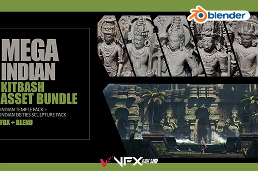 3D模型-古印度寺庙神像佛像雕塑建筑资产(Blender/FBX格式) Mega Indian Kitbash Asset Bundle – Indian Temple Architecture Pack + Indian Deities sculpture Bundle3D模型、素材