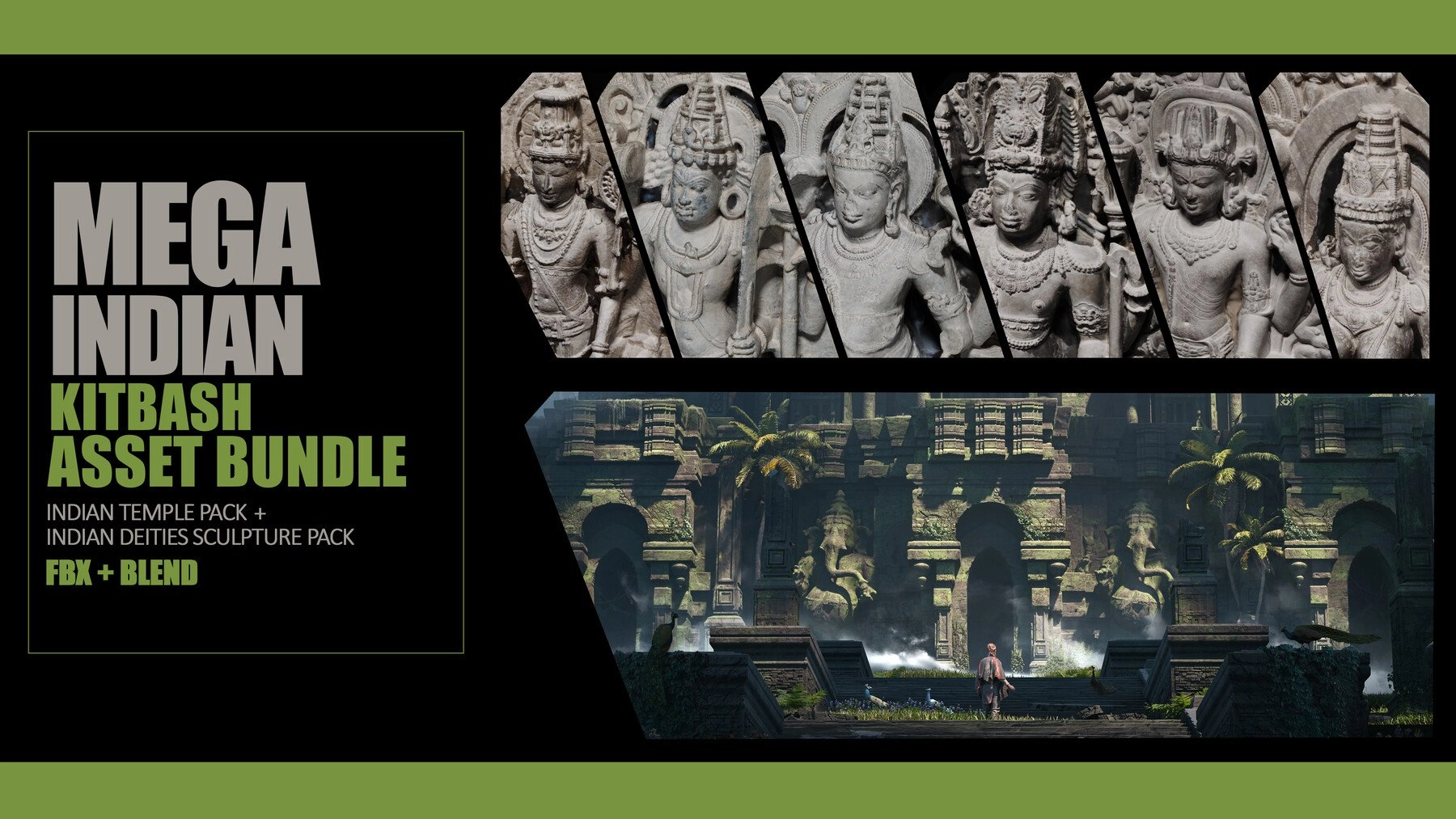 3D模型-古印度寺庙神像佛像雕塑建筑资产(Blender/FBX格式) Mega Indian Kitbash Asset Bundle – Indian Temple Architecture Pack + Indian Deities sculpture Bundle3D模型、素材