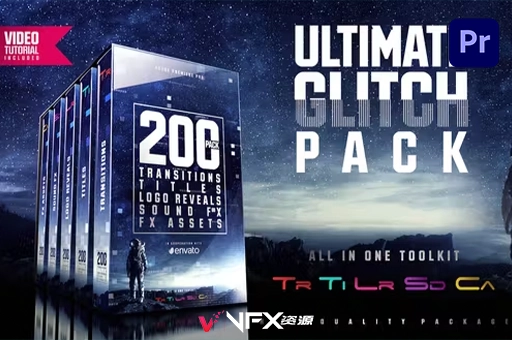 PR模板-200个视频故障特效文字标题转场音效合集包 Ultimate Glitch Pack: Transitions, Titles, Logo Reveals, Sound FXPR模板、模板