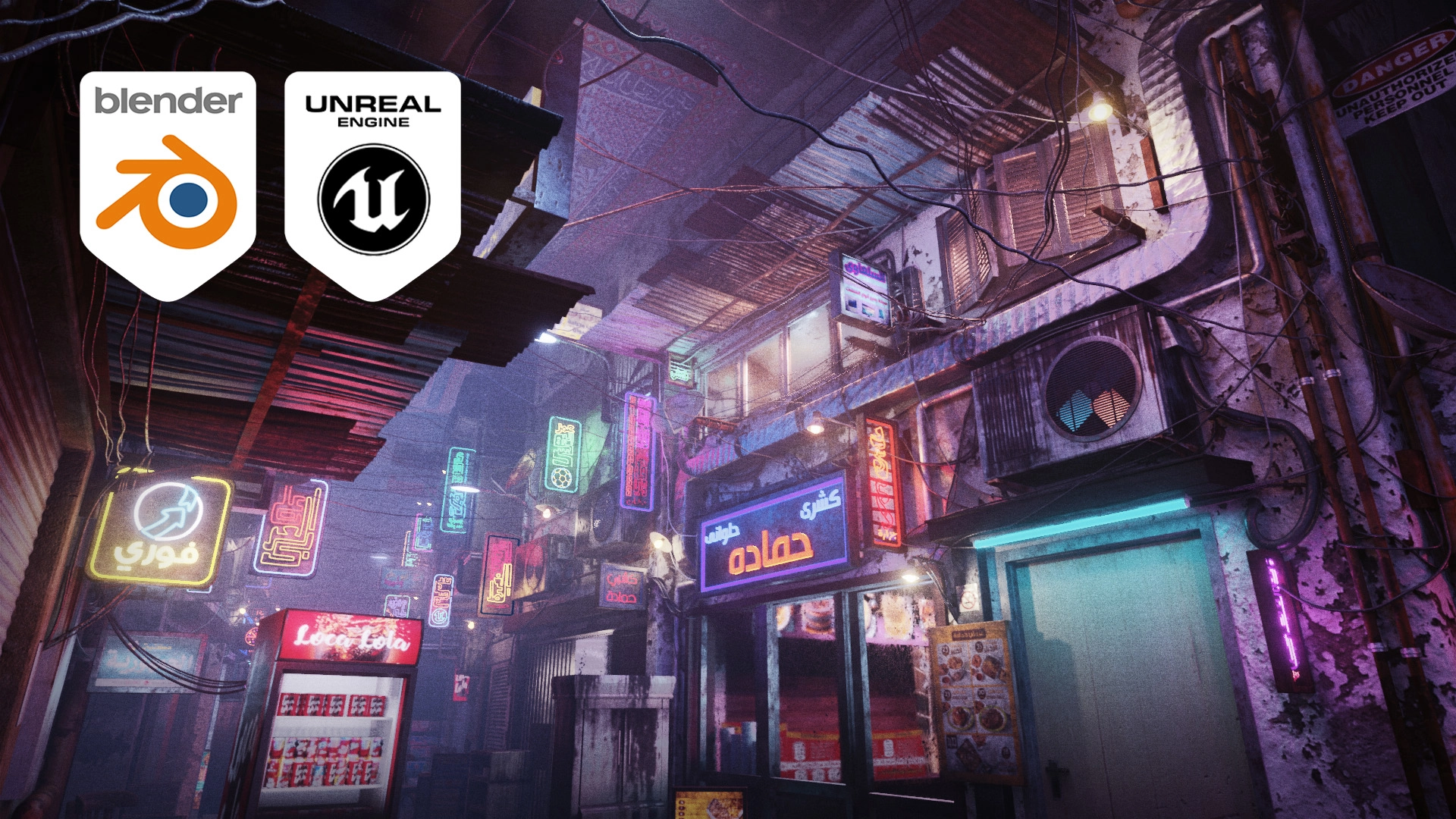 3D模型-赛博朋克风格平民区霓虹灯街道场景模型 Cairo City Cyberpunk Streets – Animated Neon Signs – Day And Night – Egyptian Cyberpunk（Blender/UE格式）3D模型、素材