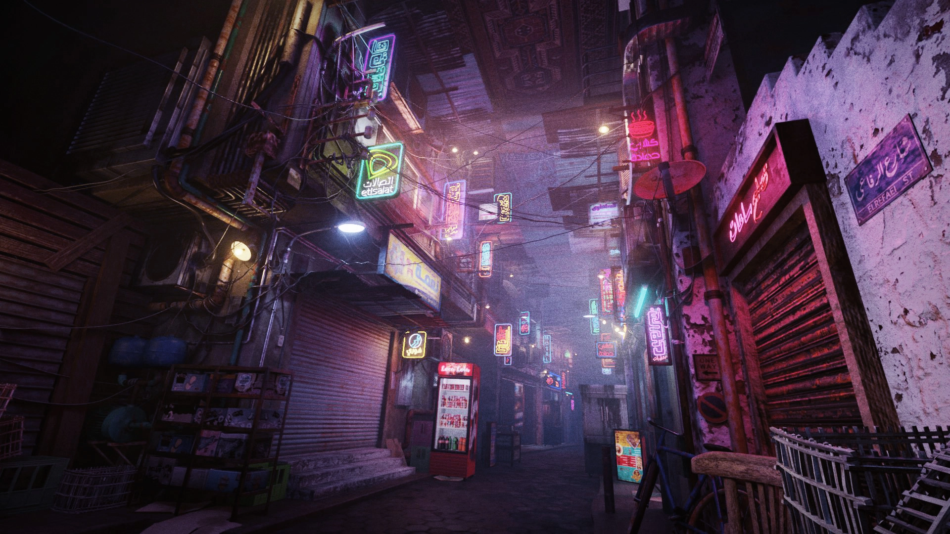 3D模型-赛博朋克风格平民区霓虹灯街道场景模型 Cairo City Cyberpunk Streets – Animated Neon Signs – Day And Night – Egyptian Cyberpunk（Blender/UE格式）3D模型、素材