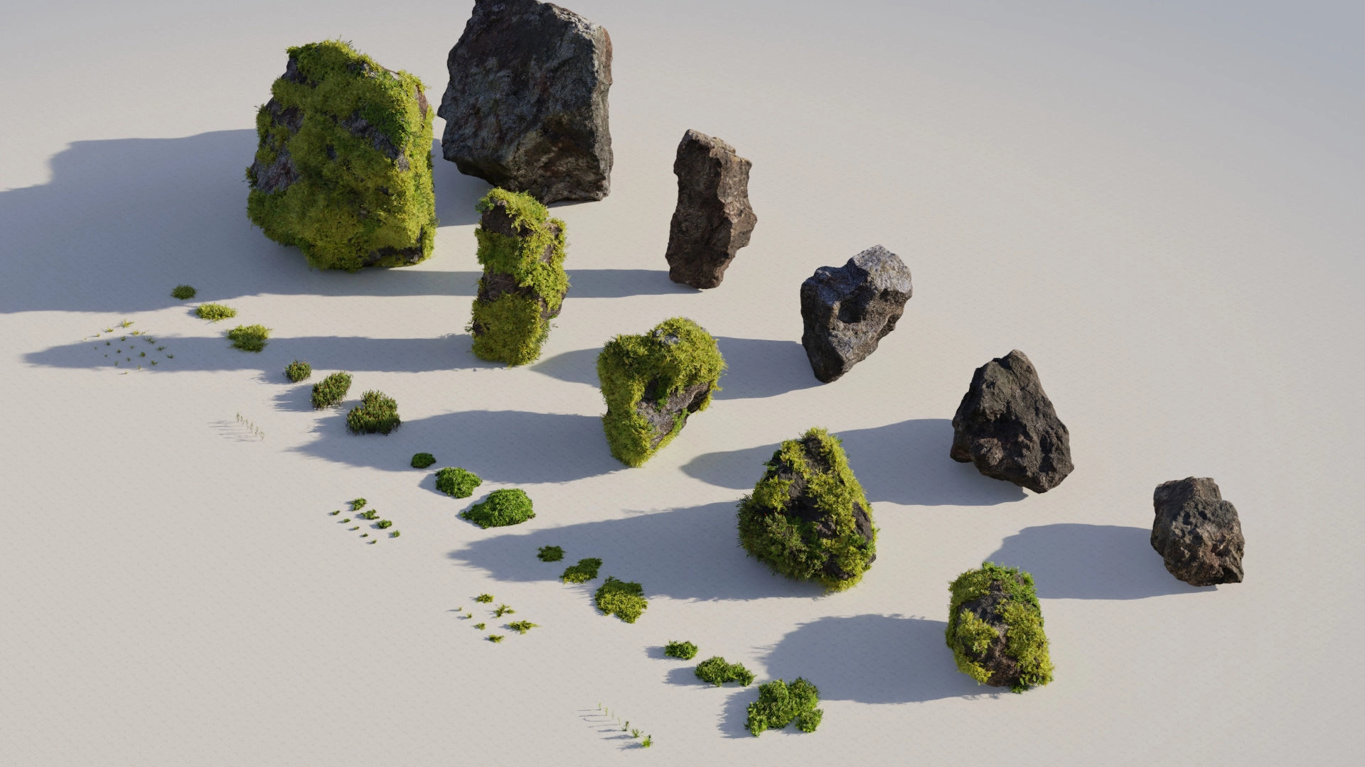 3D模型-苔藓石头资产预设 Moss 7 Species and Stones – PBR Asset Kit3D模型、素材